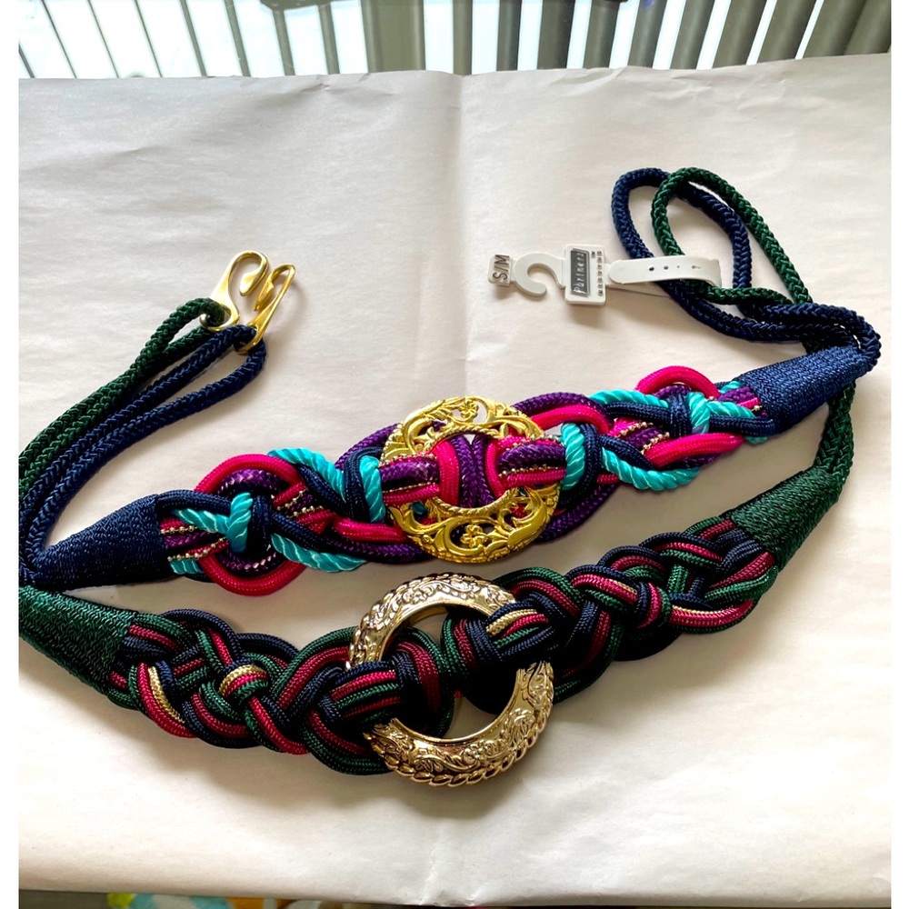 NWT VINTAGE PAIR BELTS S/M NYLON STRETCH BRAID MEDALLION BLING